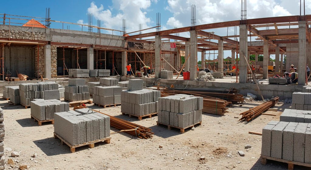 Afbeelding van een bouwplaats op Curaçao met stapels betonblokken, houten balken, staal en natuursteen onder de Caribische zon.